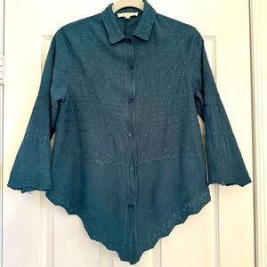 Solitaire Teal Embroidered Boho Blouse • Women’s M • Split Hem 3/4 Sleeve